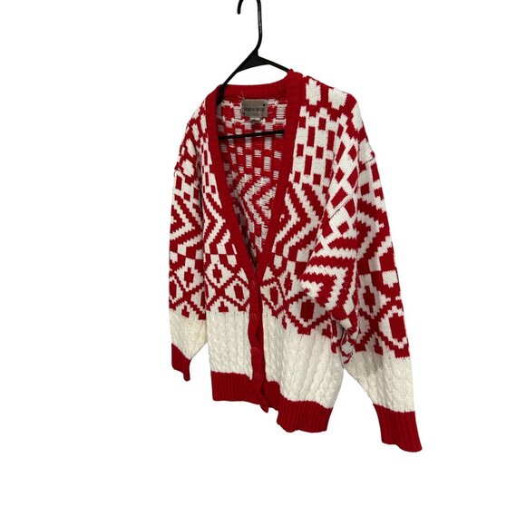 Vintage Sheridan Square Red White Geometric Cardigan Sweater SZ Medium - Picture 3 of 10